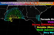 Tornado Watch issued for the Mississippi and Alabama Panhandles, Advisory Extends North to Portions of Both States