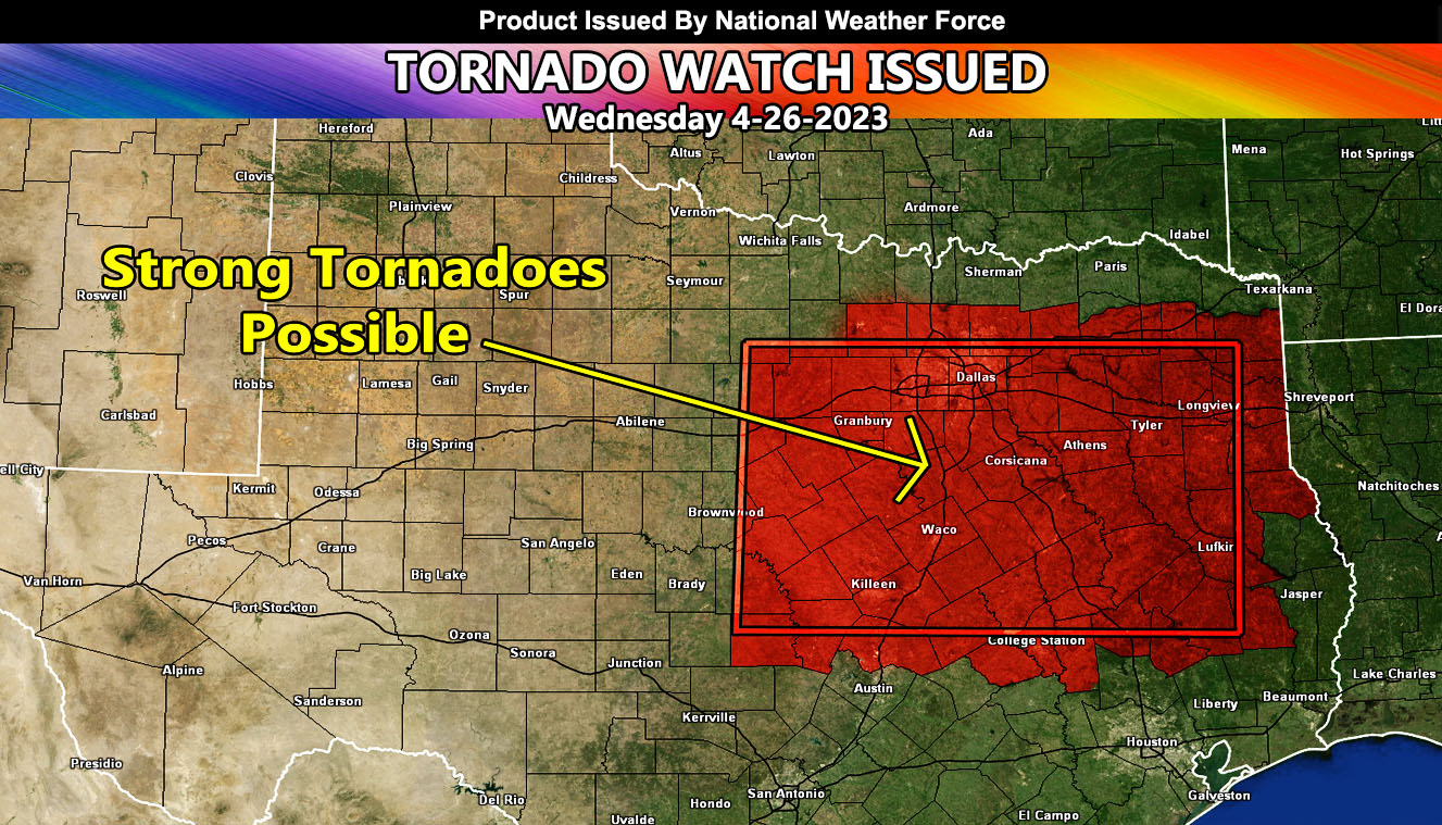 Tornado Watch Issued for Parts of Texas, Centering Hillsboro to Waco; Strong Tornadoes Projected