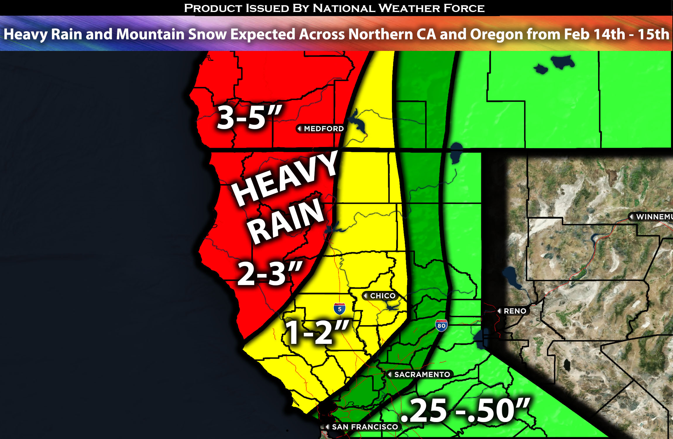 Heavy Rain, Mountain Snow Expected Across Northern CA and Oregon from Feb 14th – 15th