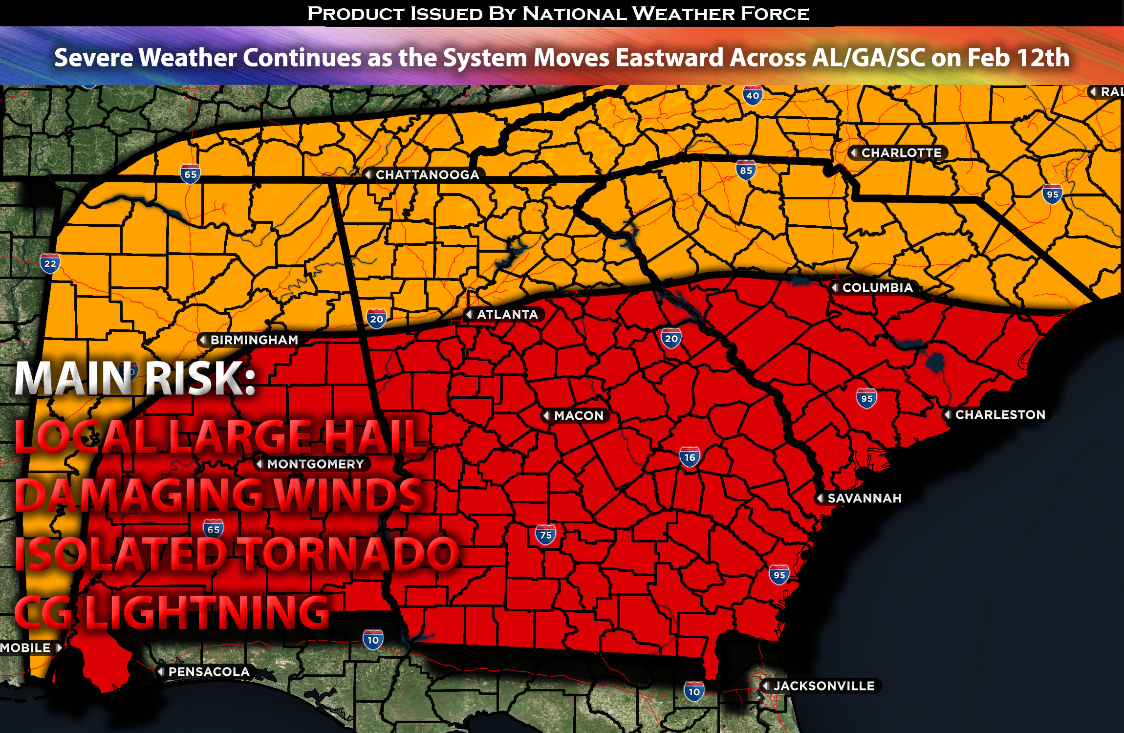 Severe Weather Continues as the System Moves Eastward Across AL/GA/SC on Feb 12th