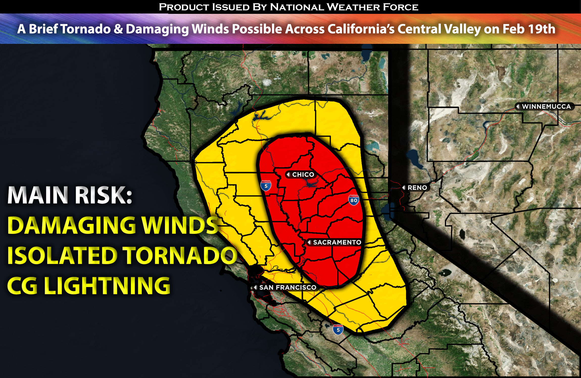 A Brief Tornado & Damaging Winds Possible Across California’s Central Valley on Monday Feb 19th