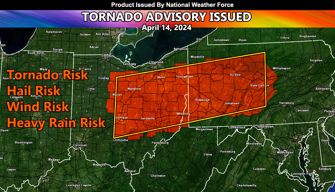 Severe Thunderstorms and a Chance of Tornadoes Target Pennsylvania and Ohio Today Through Midnight; including Pittsburgh