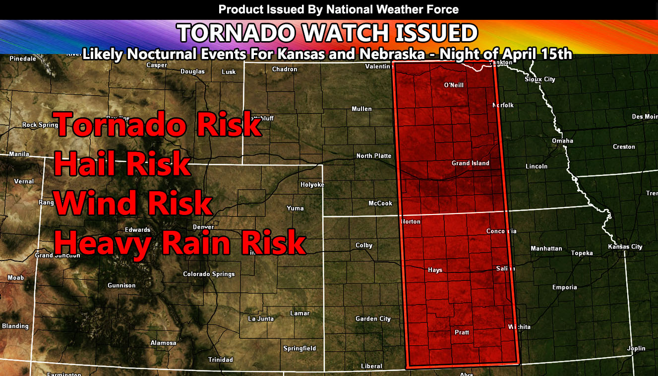 Overnight Tornadoes Likely for Kansas and Nebraska Tonight into the Morning of April 16, 2024