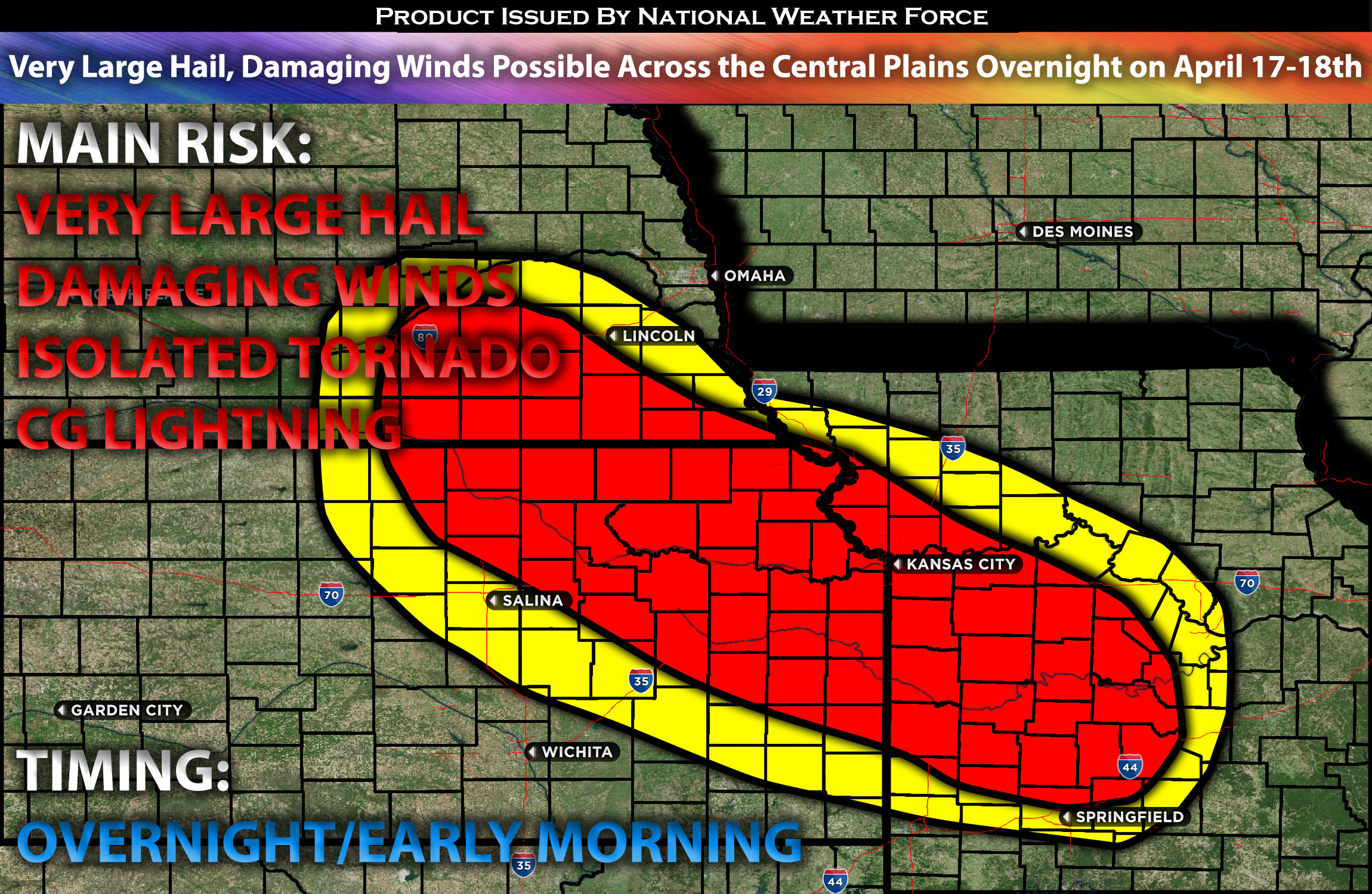Very Large Hail, Damaging Winds Possible Across the Central Plains Overnight on April 17-18th