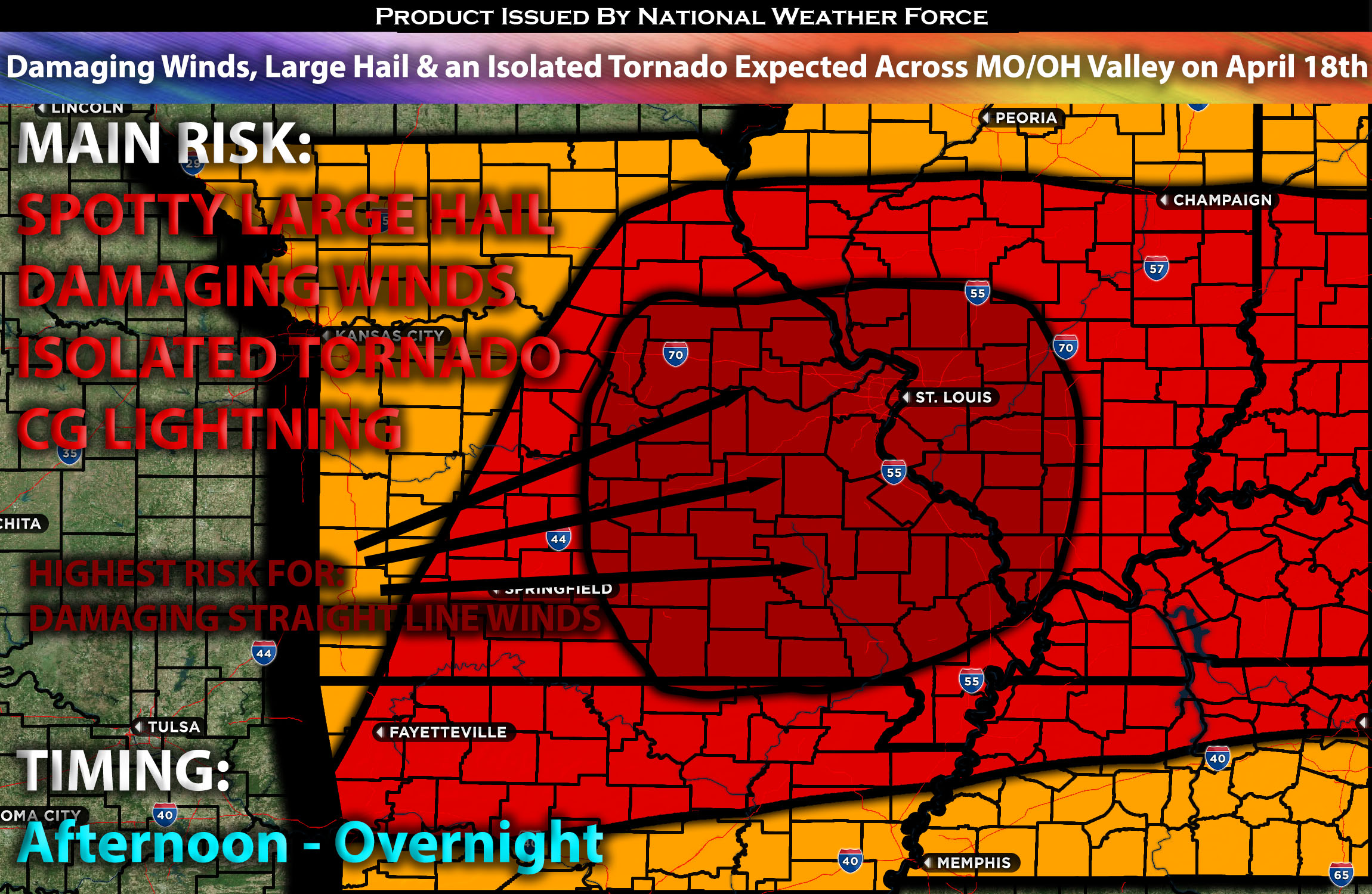 Damaging Winds, Large Hail & Isolated Tornadoes Expected Across MO/OH Valley on April 18th