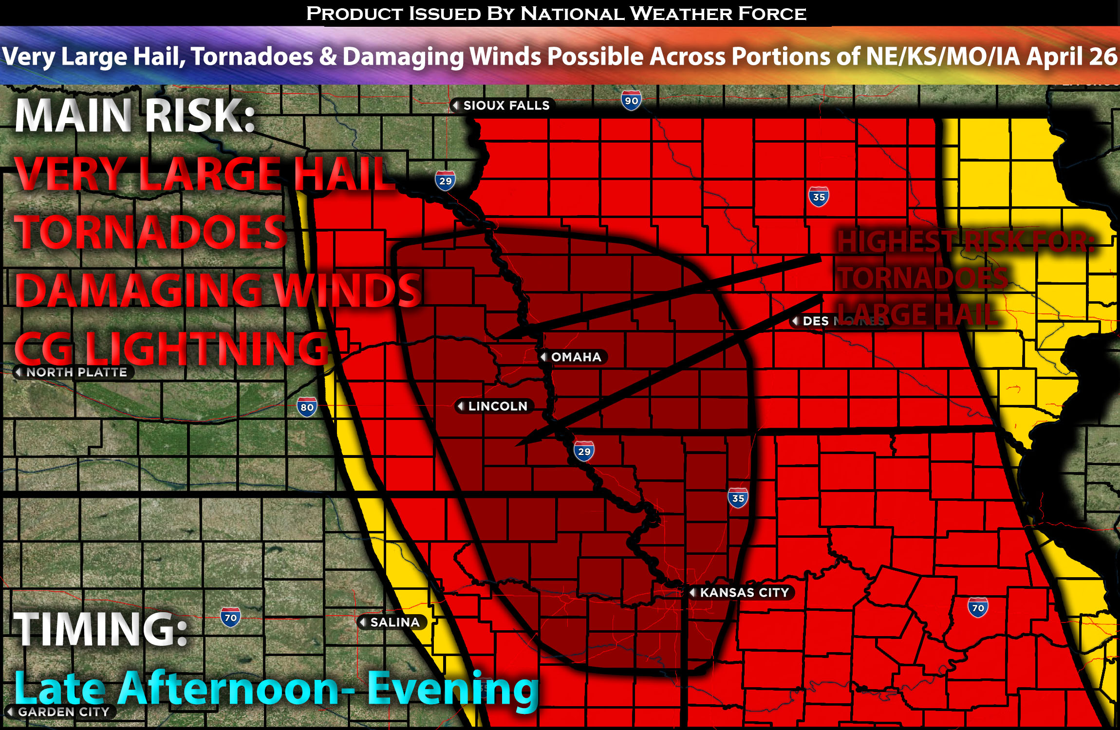 Very Large Hail, Tornadoes & Damaging Winds Possible Across Portions of NE/KS/MO/IA on April 26th