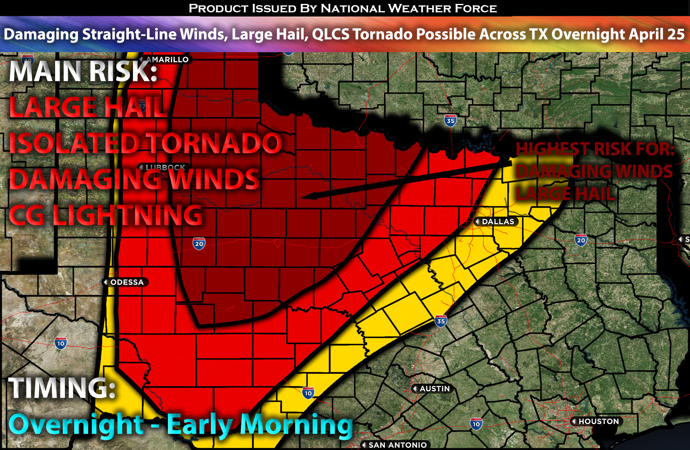 Damaging Straight-Line Winds, Large Hail, QLCS Tornado Possible Across TX Overnight on April 25-26th