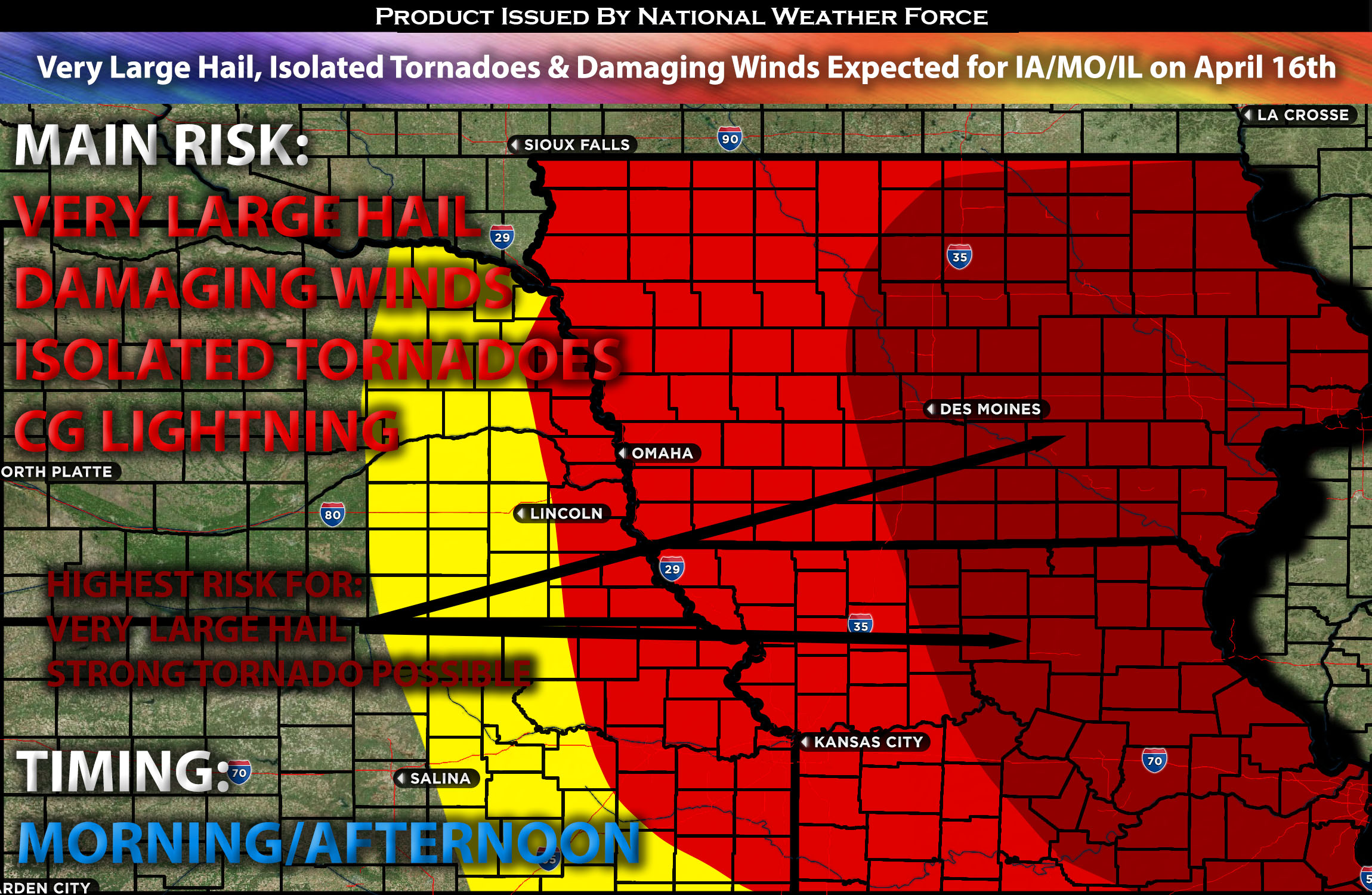 Very Large Hail, Isolated Tornadoes & Damaging Winds Expected for IA/MO/IL on April 16th